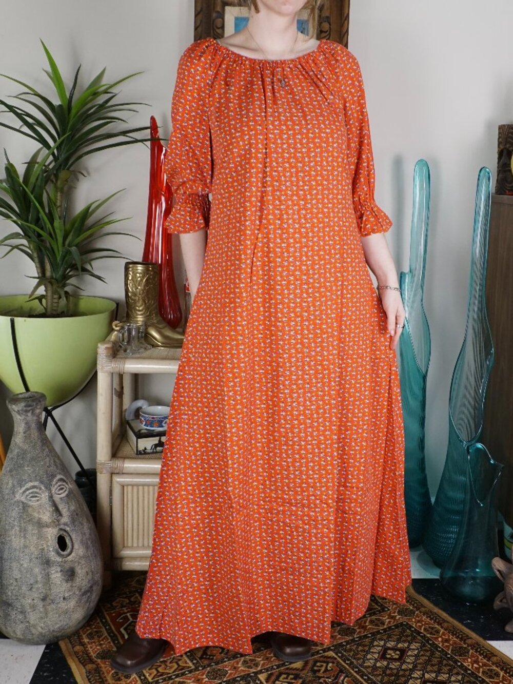 Vintage handmade red ruffle sleeve maxi cottage core dress floral